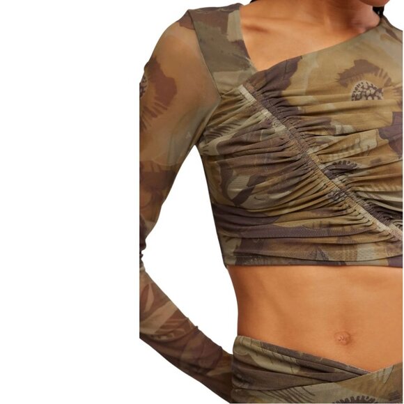 FREE PEOPLE Supernova Long Sleeve Crop Top Size S Stretchy Mesh Floral Moss NEW - Picture 3 of 9